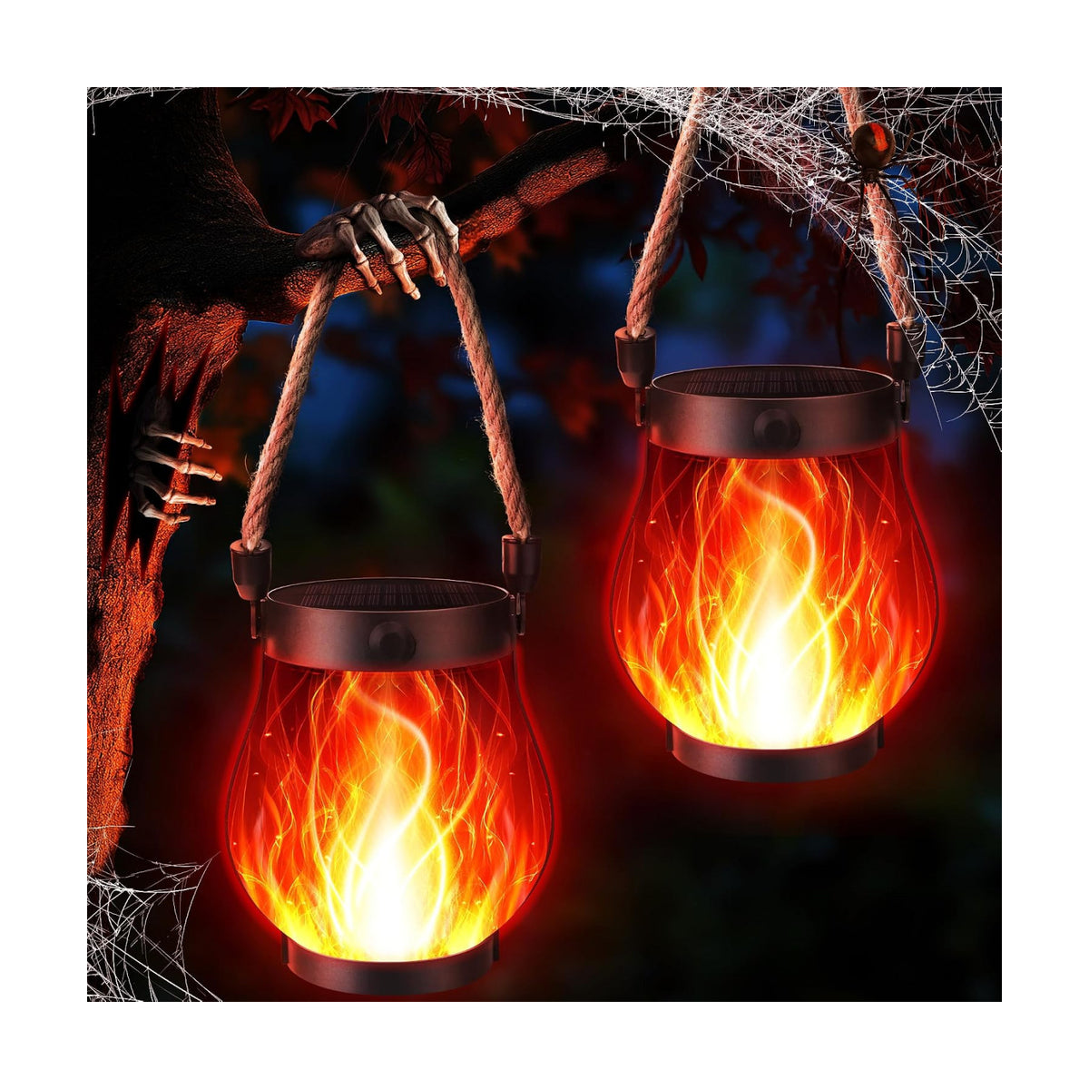 iBaycon 2 Pack Gen2 Solar Lantern Lights USB Halloween Flame Lamp, Red | Solar Garden Lights with Solar & USB-C Dual