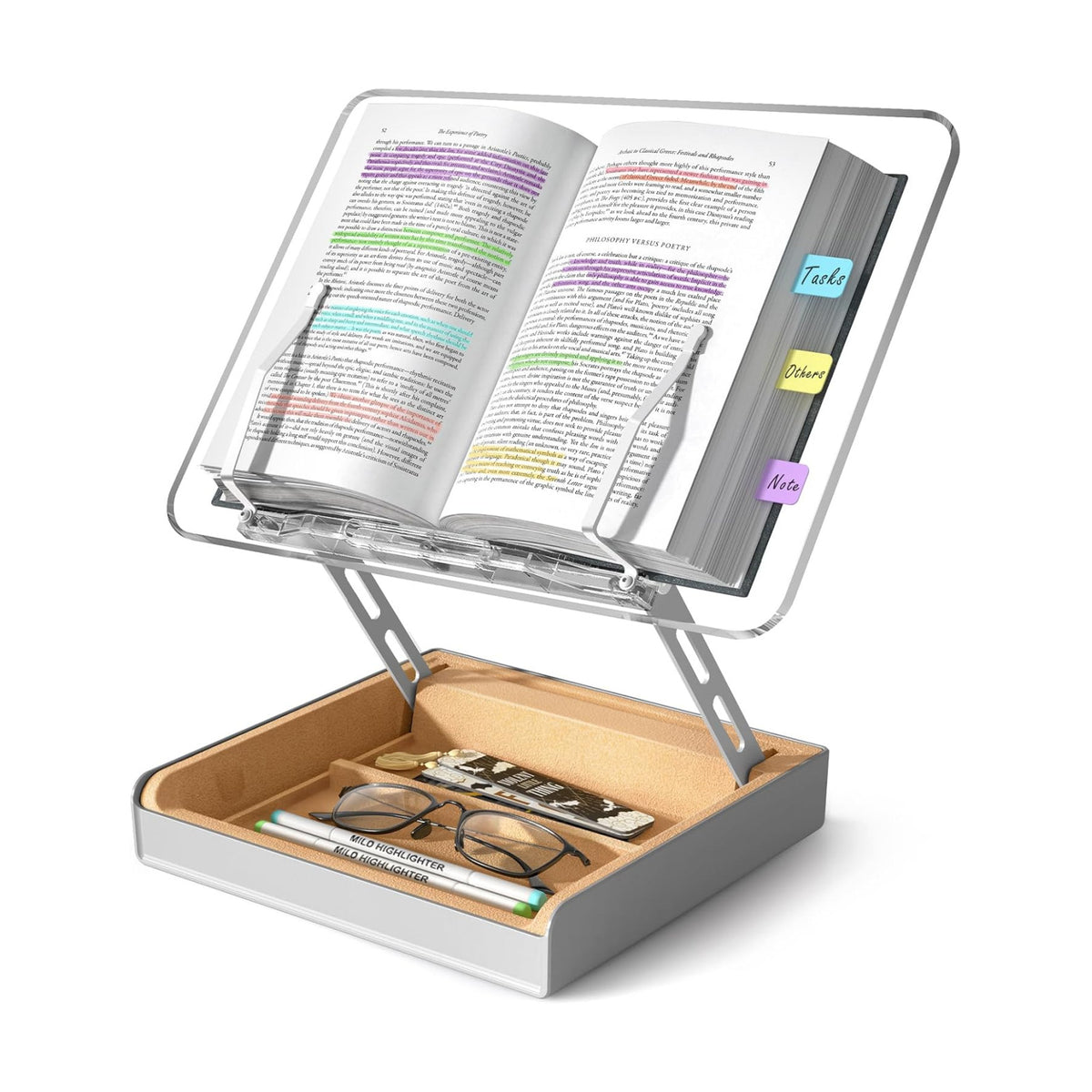 Book Stand with Storage, Book Holder for Reading Hands Free | Wooden Cookbook Stand for Kitchen Counter, Adjustable