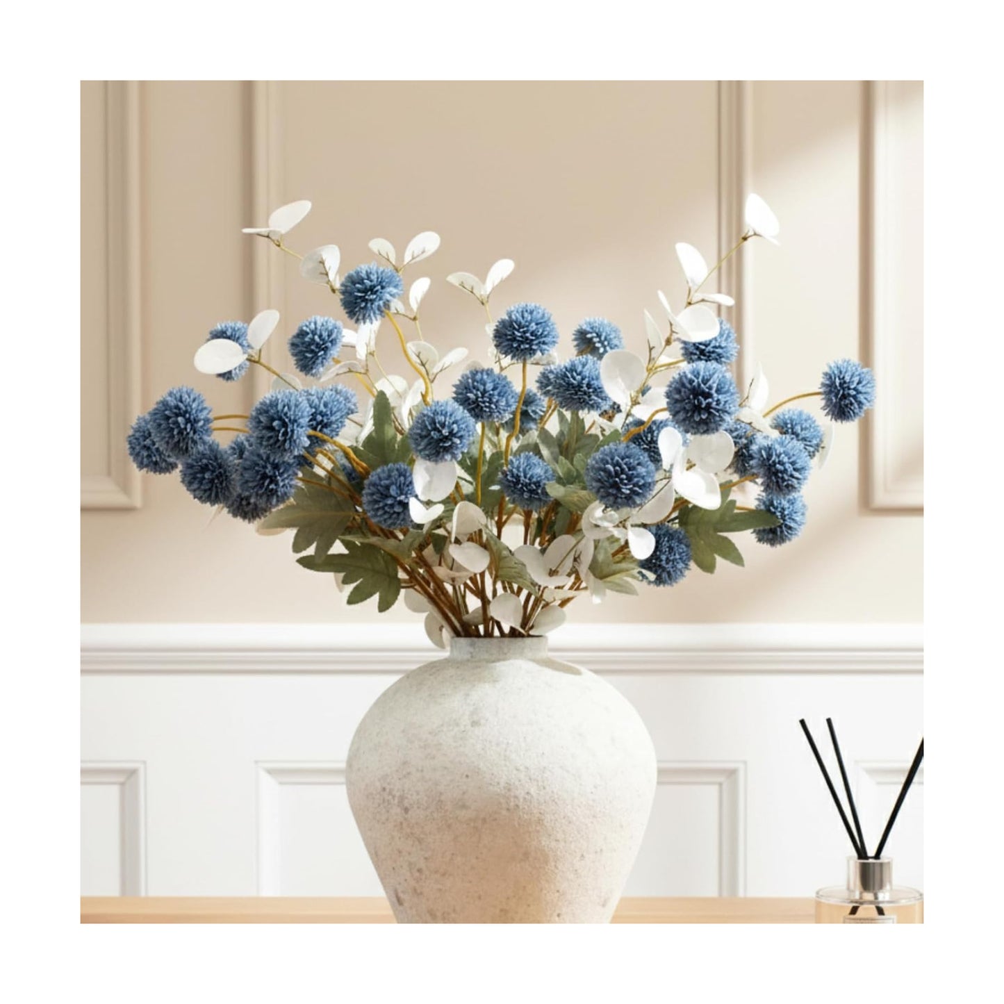 Faux Dusty Blue Flowers, Blue and White Floral Stems For Centerpieces, Fake Mums Artificial Flowers, Flores Azules
