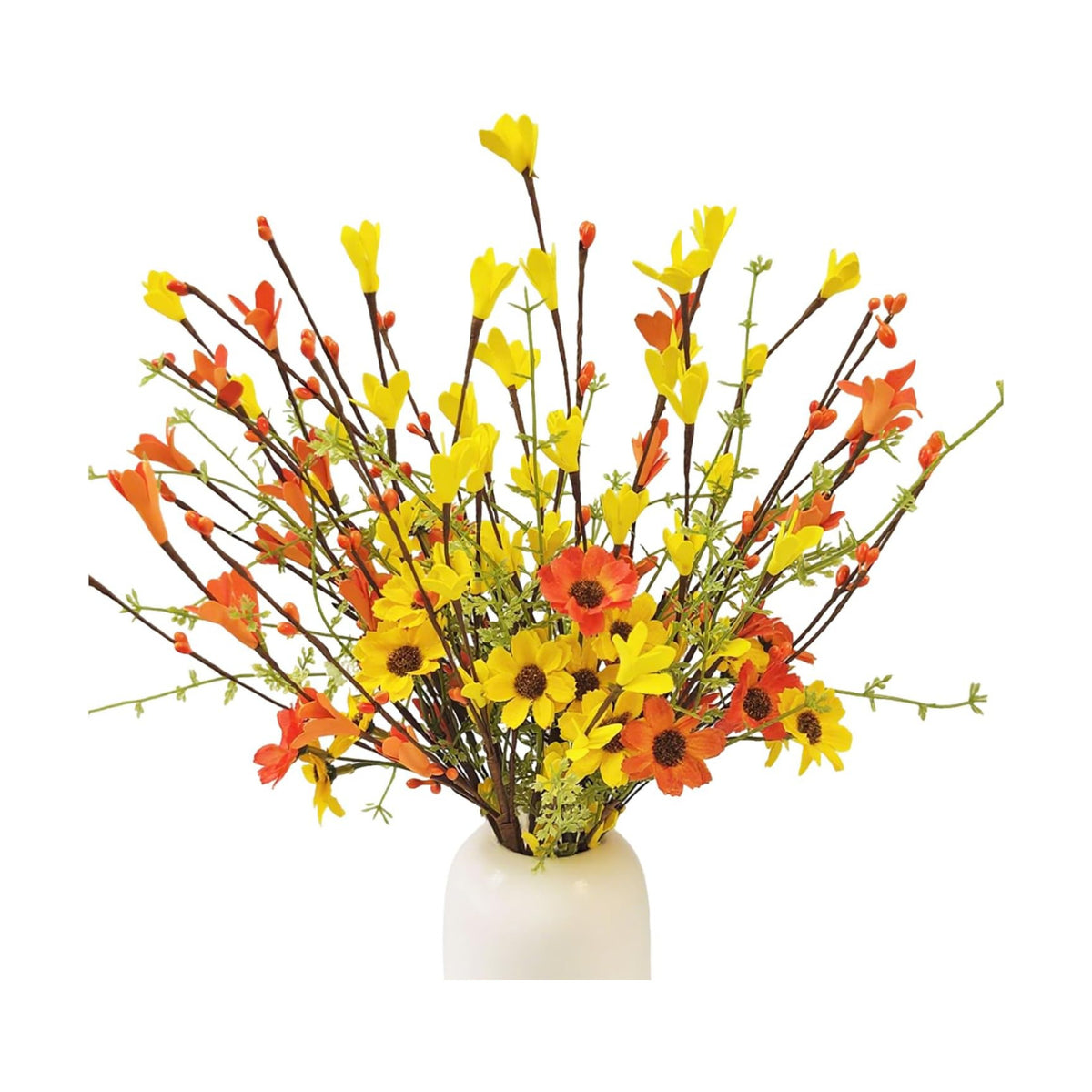 RHN Fall Decorations for Home,6 Pcs Fall Flowers Artificial with Daisies Forsythia Flowers Berry Leaf Stem for Autumn Harvest Thankgiving Home Table Vase Centerpiece Decor（Yellow Orange）