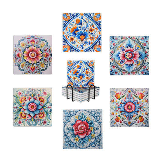 Vintage Spanish Ceramic Floral Absorbent Round Ceramic / Ornate Mosaic Tile-6 / Blue / Set of 6