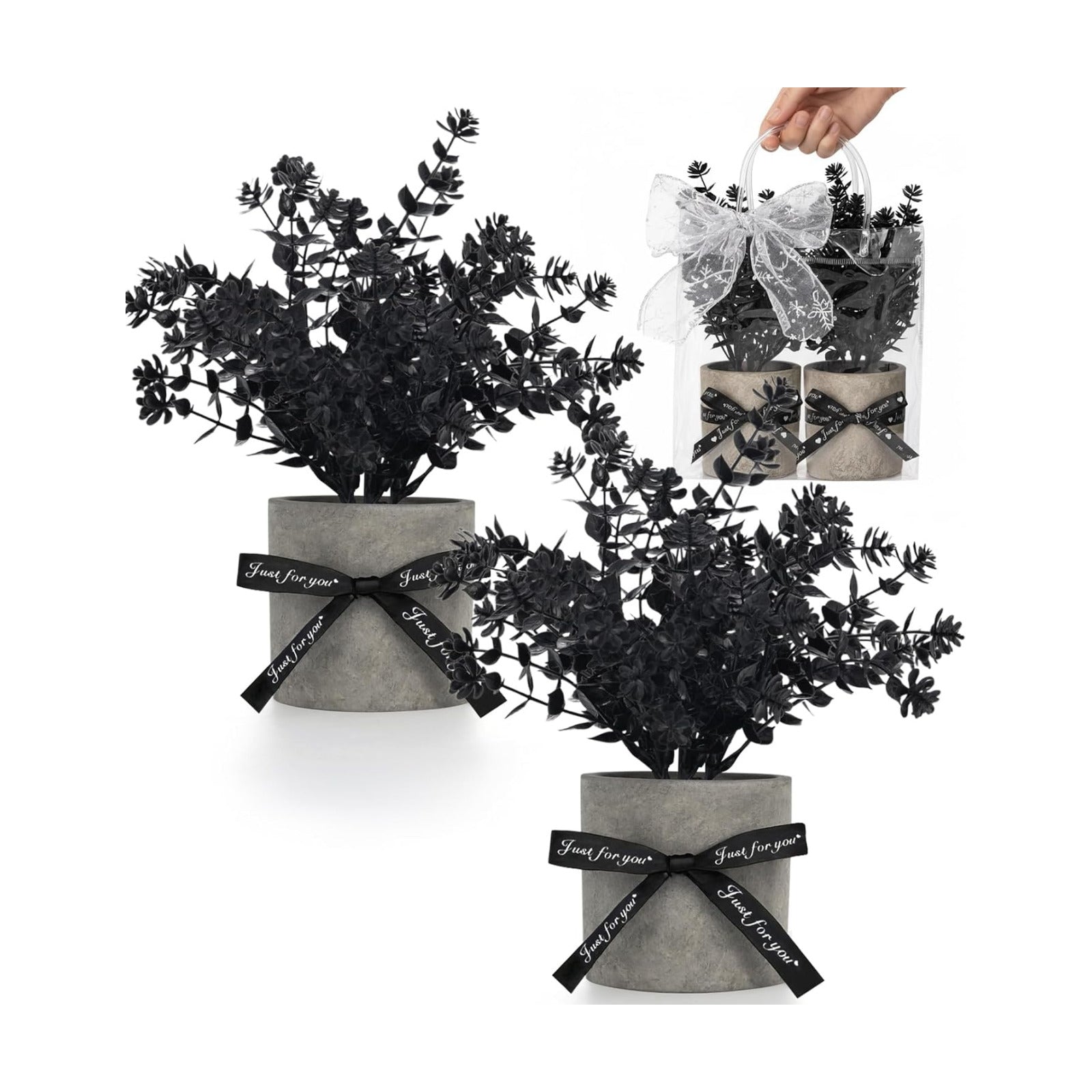 Mini Potted Fake Plants Artificial Plastic Eucalyptus Plants Topiaries / Black / Set of 2