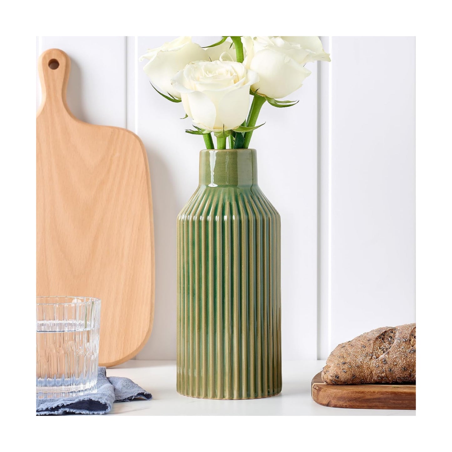 Green Ceramic Flower Vase / 3 Green / 8 Inch