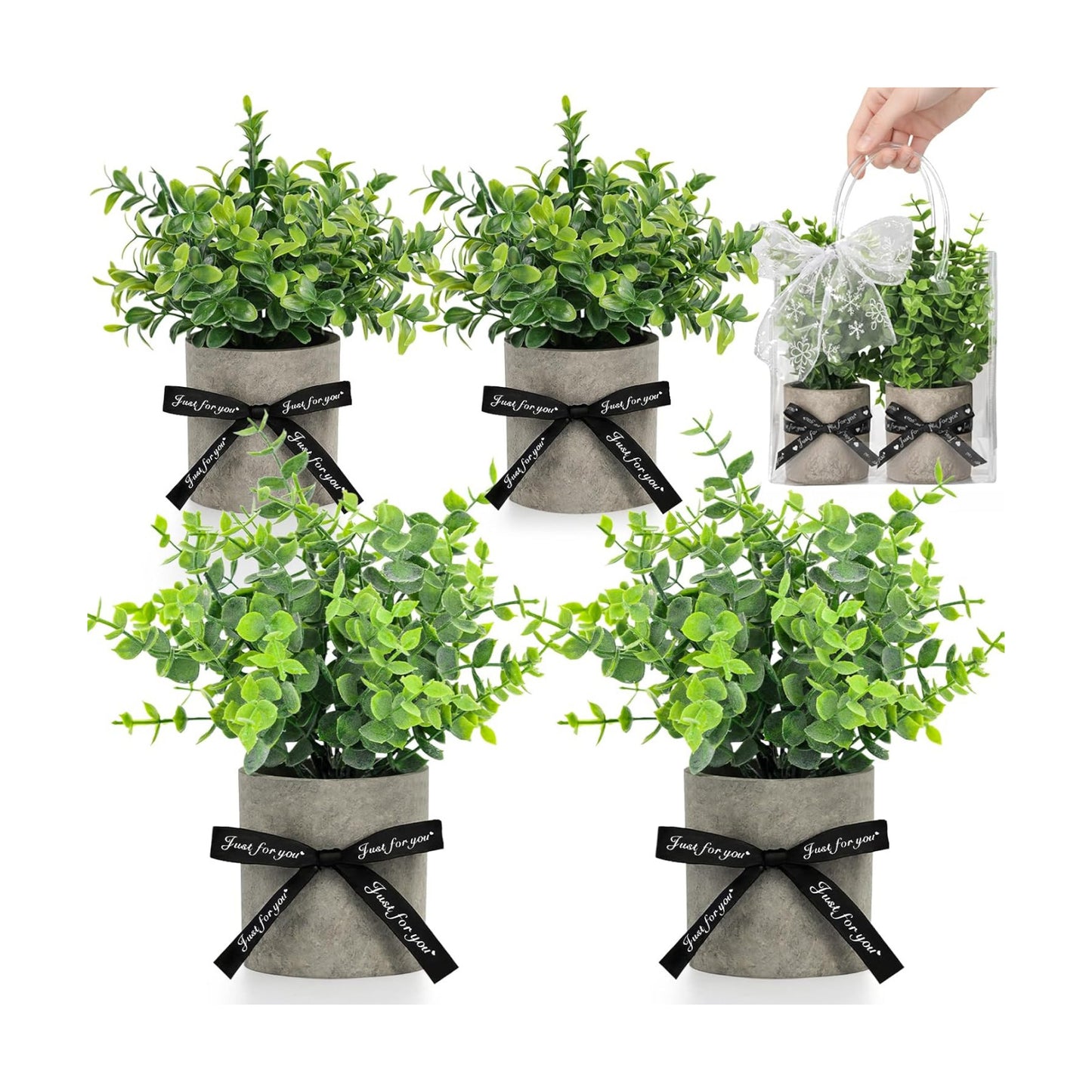 Mini Potted Fake Plants Artificial Plastic Eucalyptus Plants Topiaries / Green / Set of 4