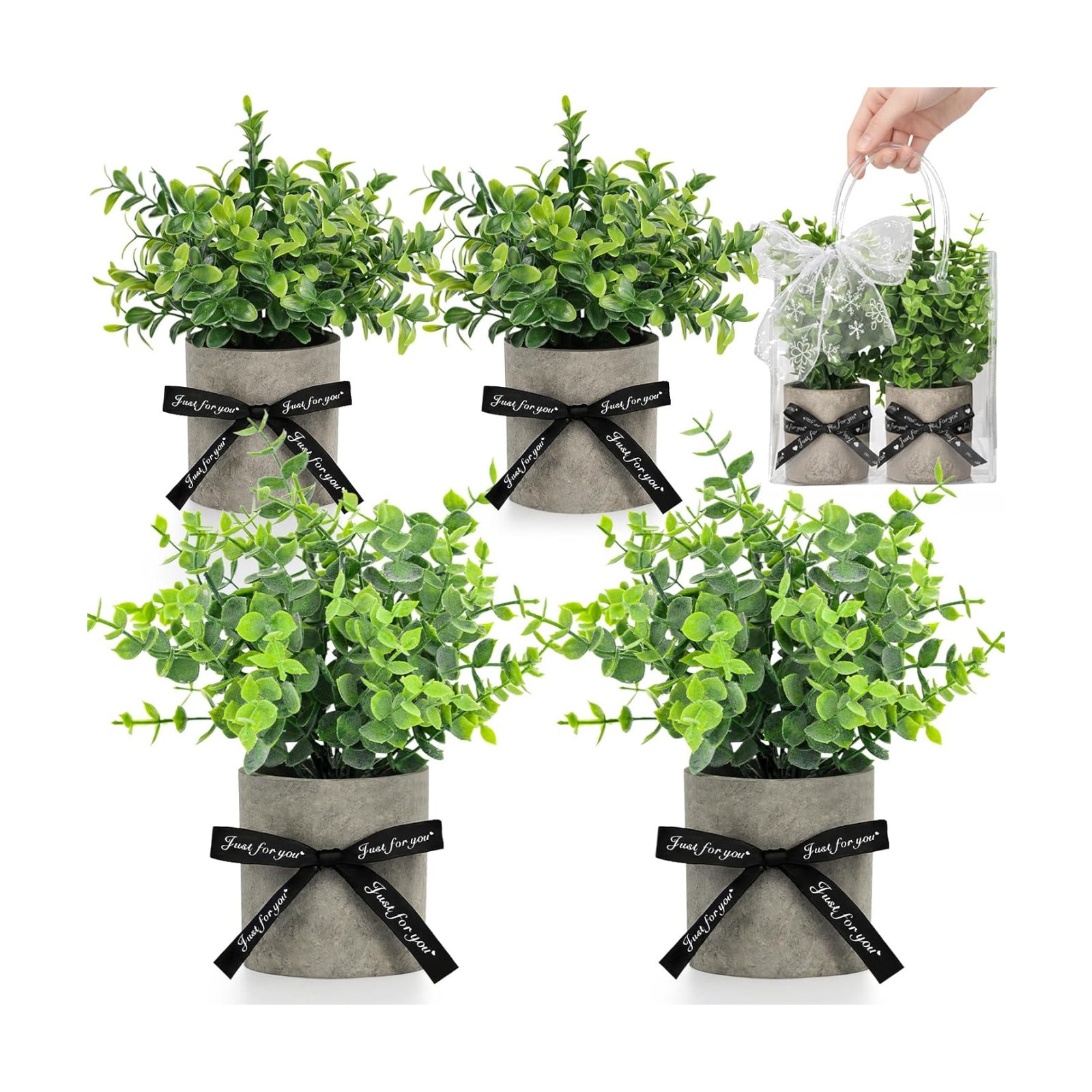 Mini Potted Fake Plants Artificial Plastic Eucalyptus Plants Topiaries / Green / Set of 4