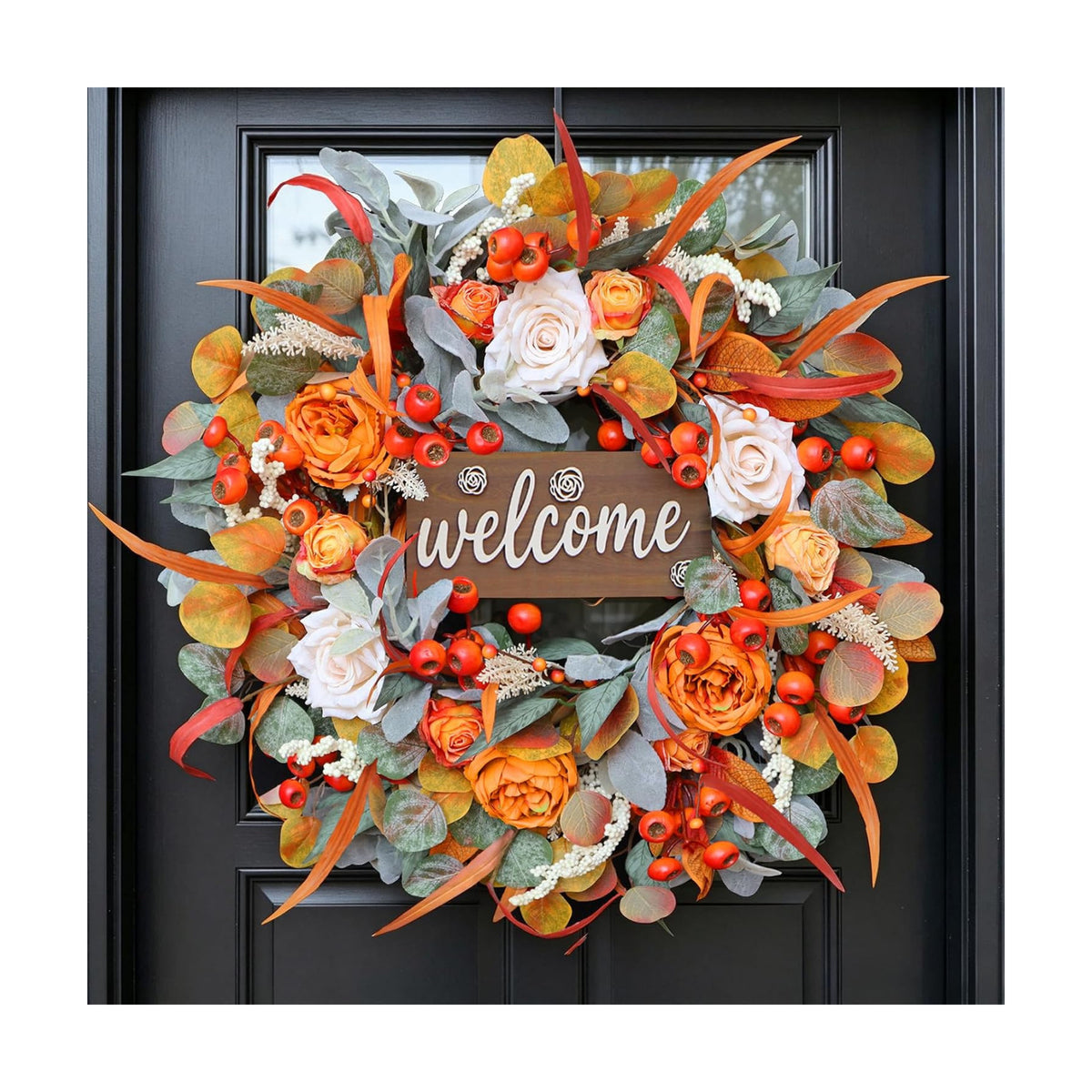 Fall Wreath for Front Door, 24 Inch Autumn Wreath with lamb's Ear Leaves, Roses, Berries & Wooden Sign,Fall Decorations for Home, Artificial Flowers Harvest and Thanksgiving Indoor & Outdoor