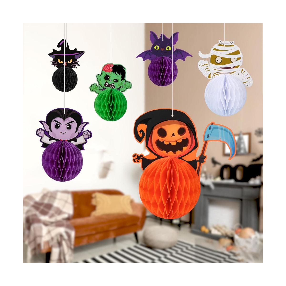 Konsait Halloween Hanging Decorations - 6 Pack 3D Honeycomb Hanging Bat Cat Zombie Vampire Decor for Indoor Outdoor Party Supplies & Accessories