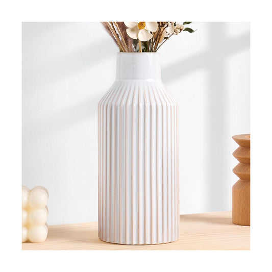 Beige Ceramic Vase / 1 White Beige / 8 Inch