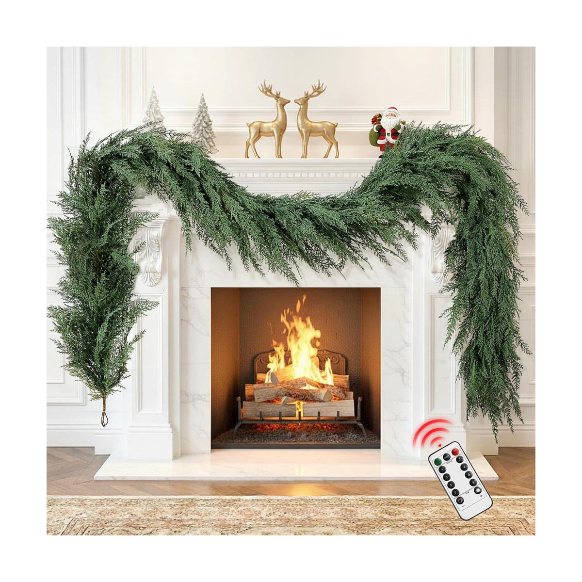 Christmas Cedar Garland Realistic with Lights - Cypress Decorations 9ft for Mantle Lighted Faux Pine Garlands for Xmas