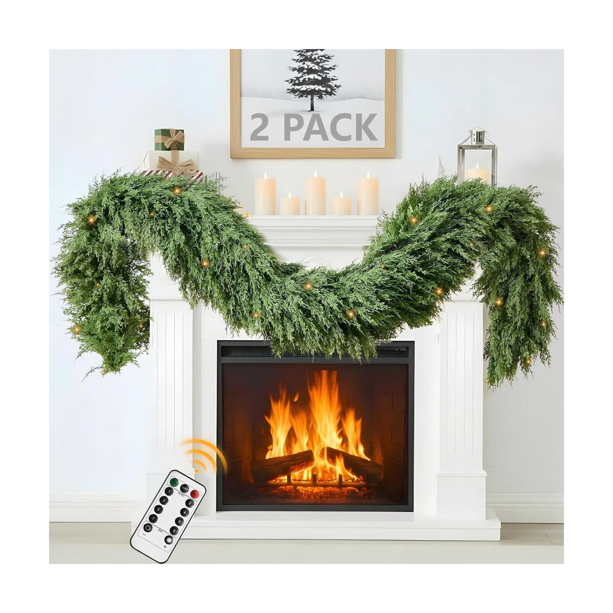 Cedar Christmas Garland for Mantle - 2 Pack Decorations with Lights 6 ft Realistic Lighted Faux Pine Garlands for Xmas