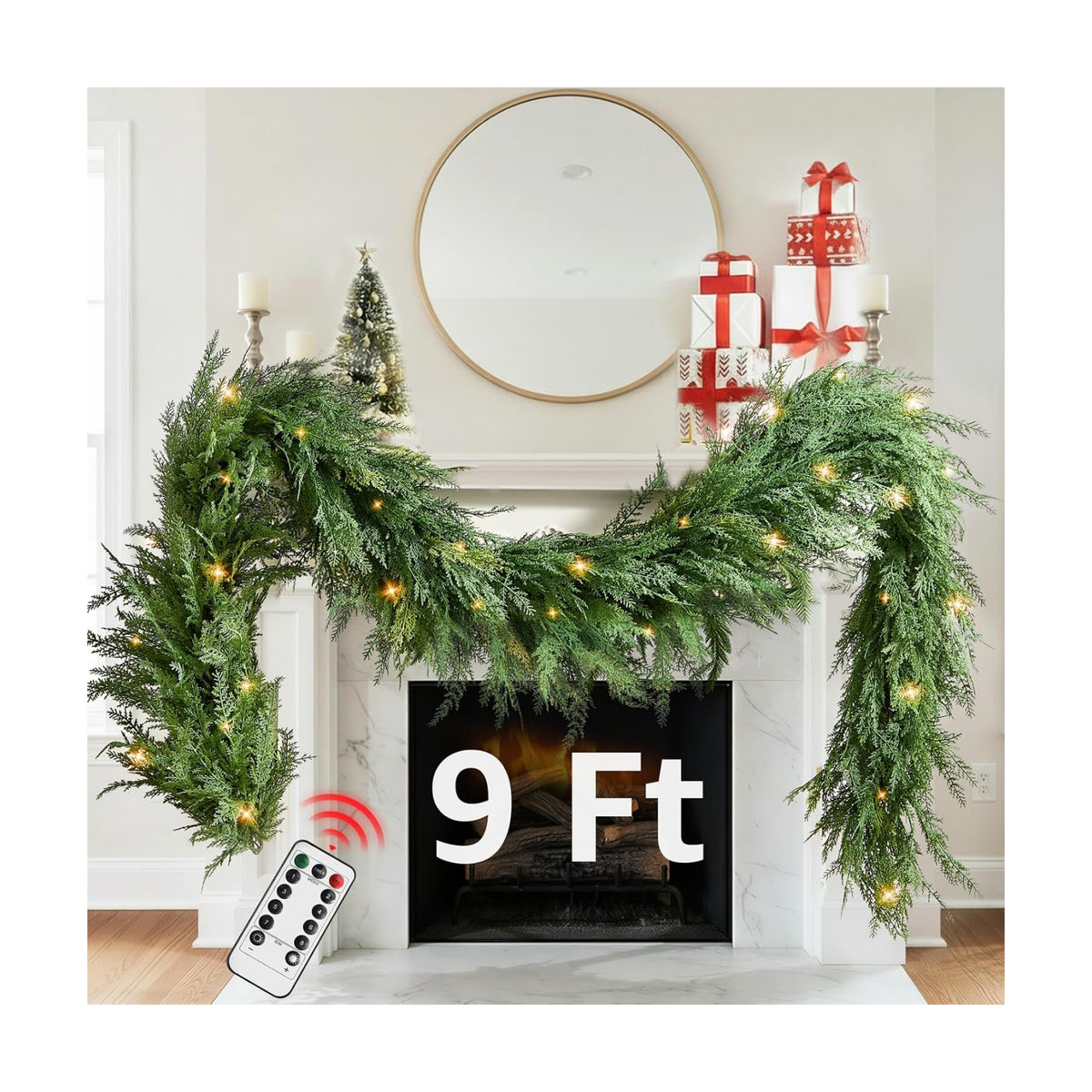 Christmas Cedar Garland Realistic with Lights - Cypress Decorations 9ft for Mantle Lighted Faux Pine Garlands for Xmas