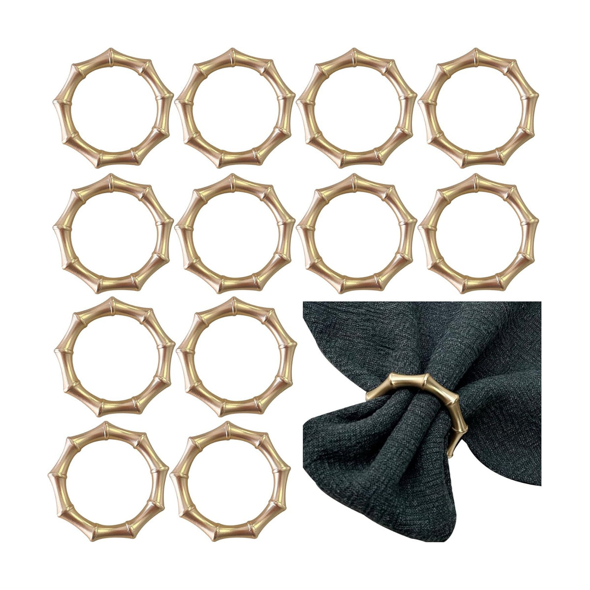 Matte Gold Napkin Rings，Bamboo Napkin Ring Set of 12 for Table Decor