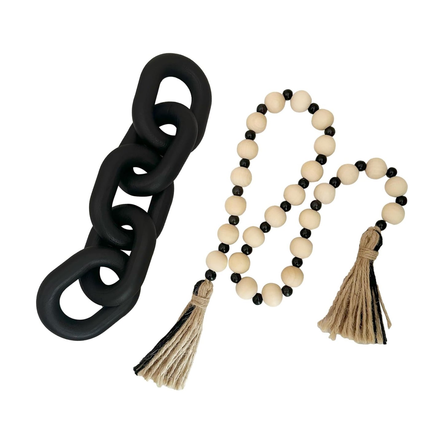 Decorative 5 Link Wooden Chain Decor and Bead Boho Farmhouse Rustic Home Table / Black / Set of 2