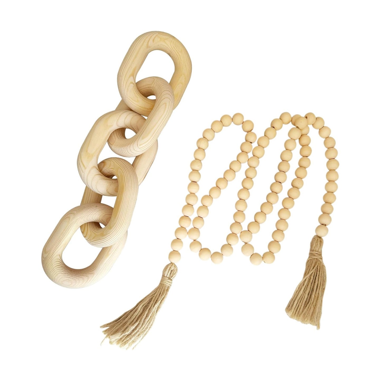 Decorative 5 Link Wooden Chain Decor and Bead Boho Farmhouse Rustic Home Table / Natural / Set of 2