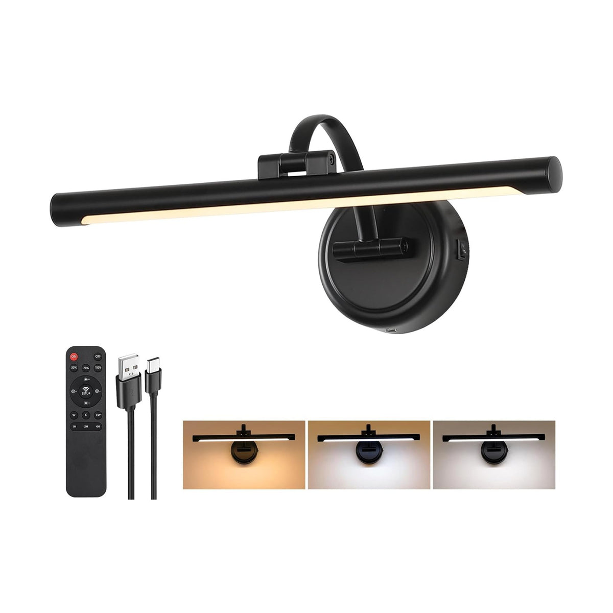 Tassuowell Rechargeable Picture Light for Wall, Cordless Art Lights Battery Operated, Dimmable Wall Light with Remote &