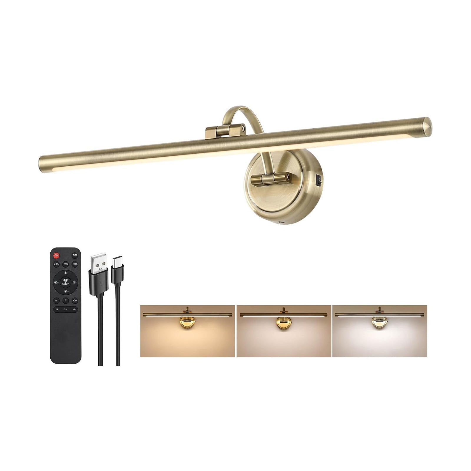 Battery Operated Picture Light, Cordless Art Light with Remote Control, Photo Frame Light with 5000mAh Battery, 3 Color
