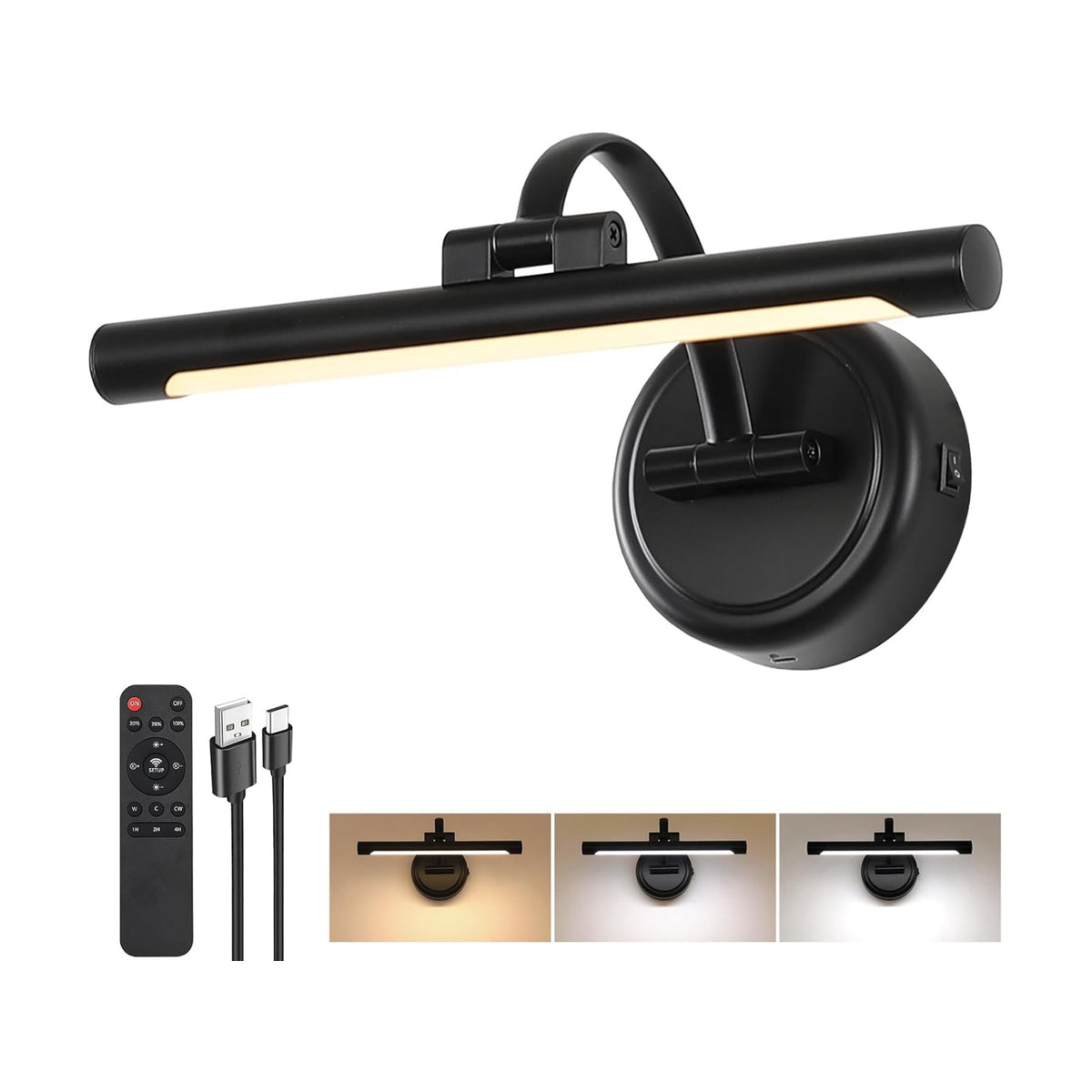 Tassuowell Rechargeable Picture Light for Wall, Cordless Art Lights Battery Operated, Dimmable Wall Light with Remote &