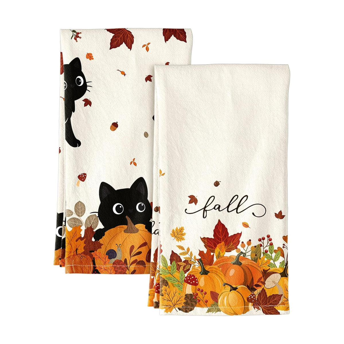 Miss Adola Fall Flour Sack Kitchen Towels Set of 2, Pumpkin Cats