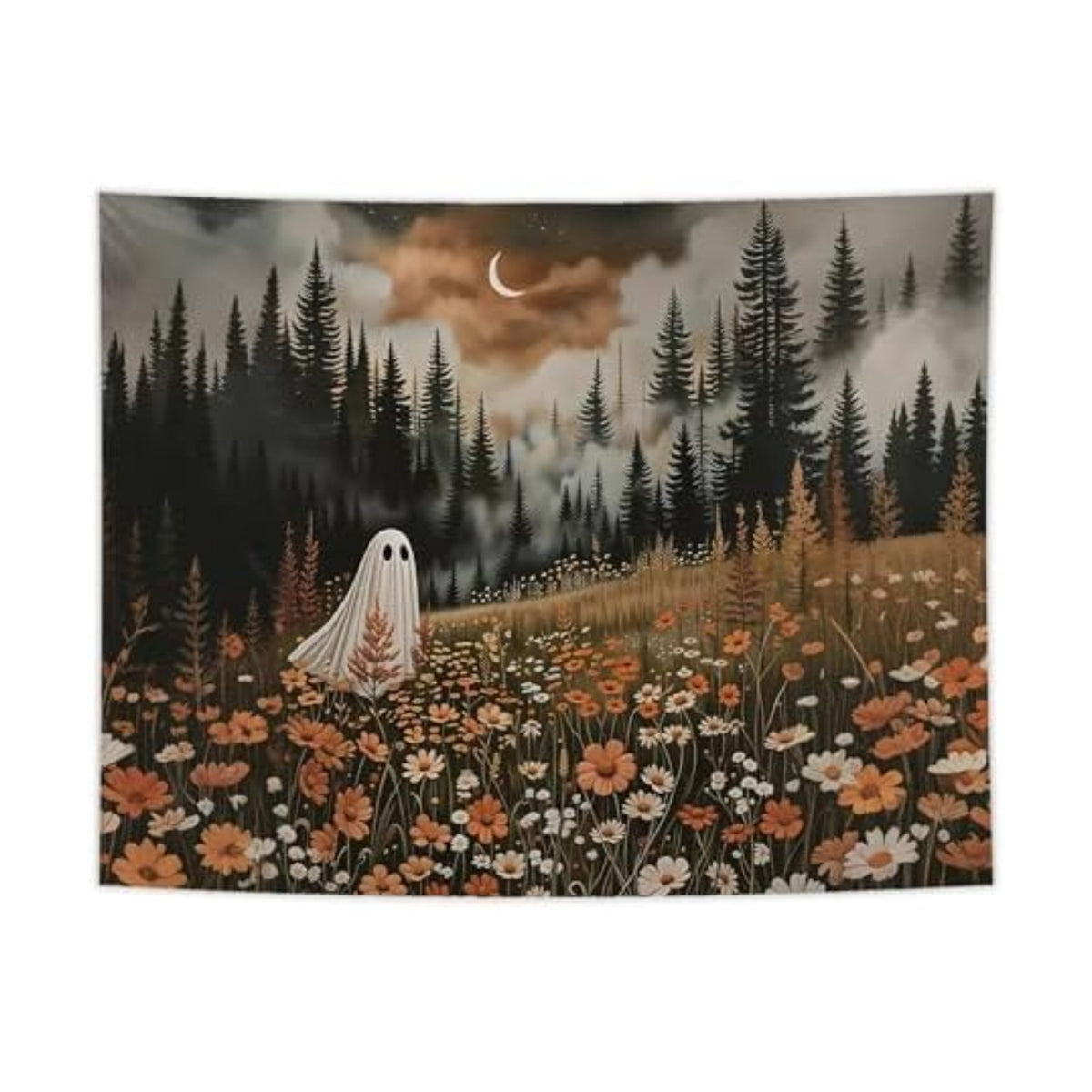 NATSUNO Halloween Tapestry, Halloween Spooky Ghost Wall Tapestry for Bedroom, Whimsical Enchanted Forest Flower Ghost Tapestries Wall Hanging for Home Living Room Decor, 50x60 Inches
