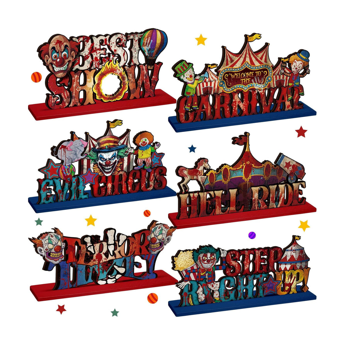 Yuntau 6 Pcs Halloween Clown Carnival Table Decorations Wooden Centerpiece