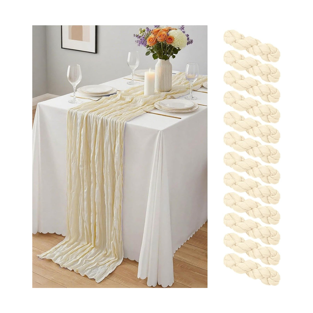 12 Pack Ivory Cheesecloth Table Runner 10Ft, Gauze Table Runners 21.5 x 120 inch,Semi Sheer Cheese Cloth Fabric Runner Bulk for Wedding,Party,Baby Shower,Bridal Shower