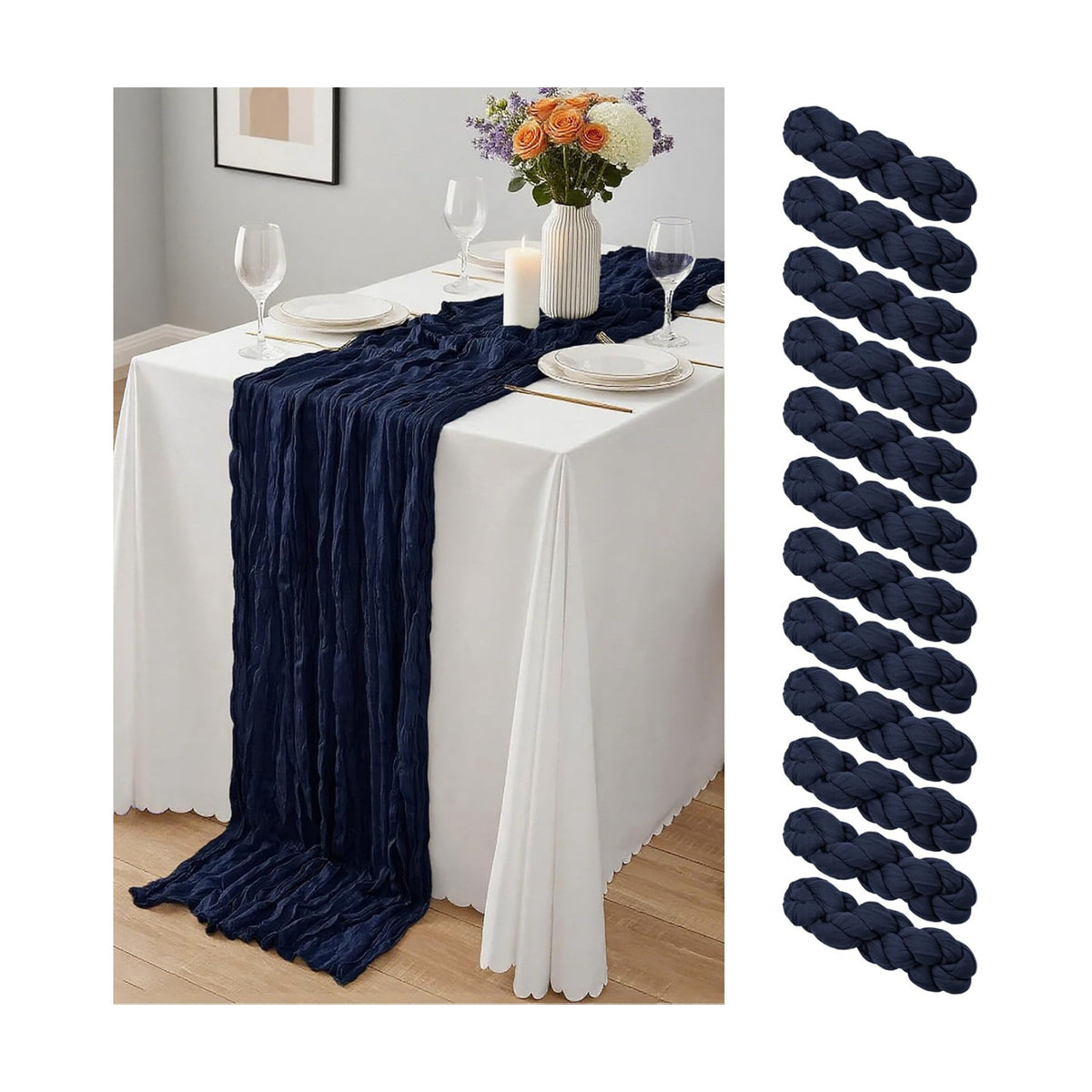 12 Pack Navy Blue Cheesecloth Table Runner 10Ft, Gauze Table Runners 21.5 x 120 inch,Semi Sheer Cheese Cloth Fabric Runner Bulk for Wedding,Party,Baby Shower,Bridal Shower