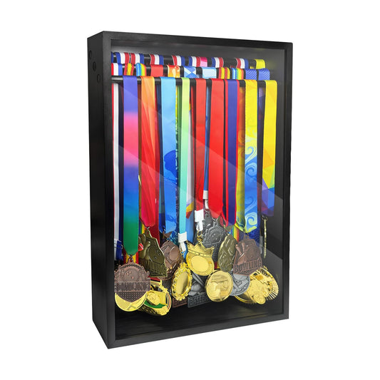Medal Hanger Display Case, Holds 60+ Medals, HD Tempered Glass | Solid Wood Dust-Proof 22"x15" Wall Mount medal holder