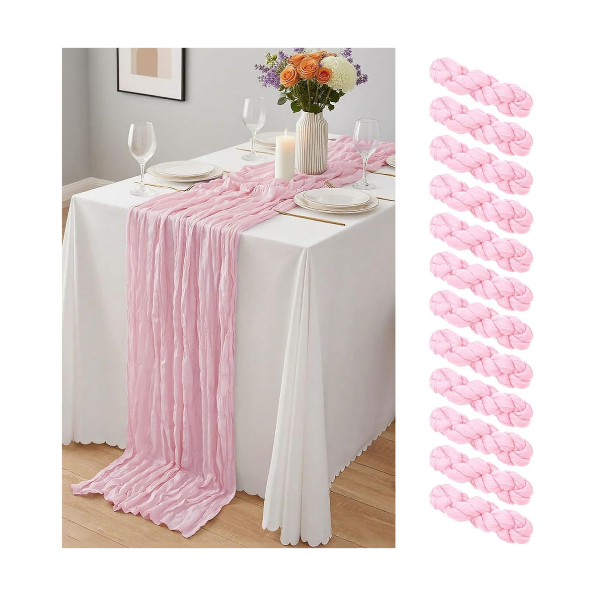 12 Pack Light Pink Cheesecloth Table Runner 10Ft, Gauze Table Runners 21.5 x 120 inch,Semi Sheer Cheese Cloth Fabric Runner Bulk for Wedding,Party,Baby Shower,Bridal Shower