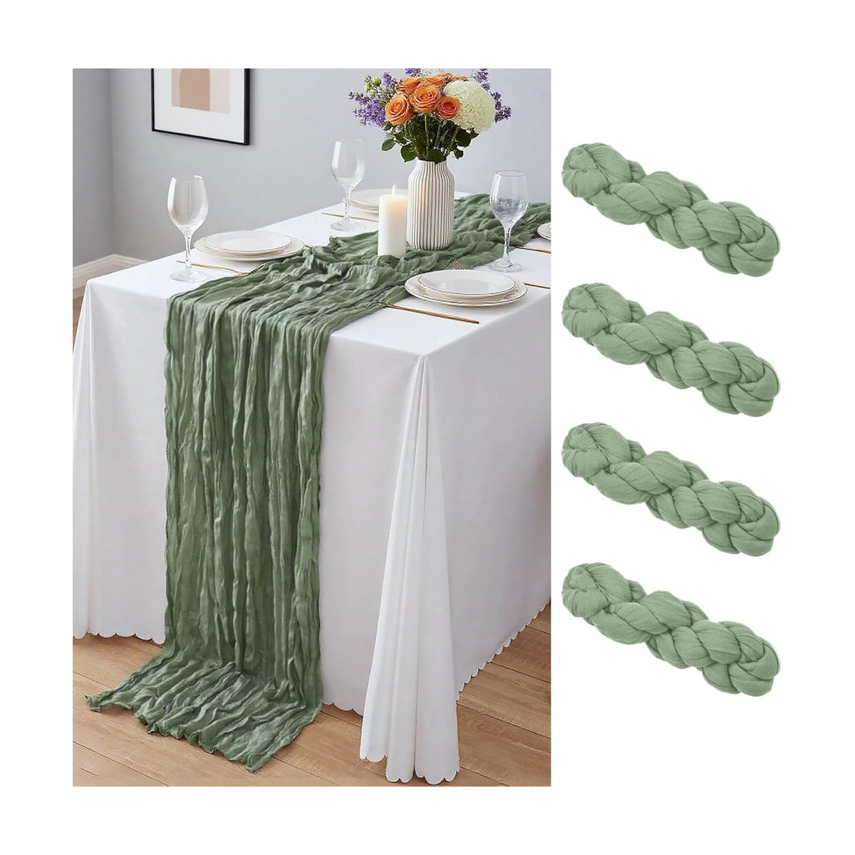 4 Pack Sage Green Cheesecloth Table Runner 10Ft, Gauze Table Runners 21.5 x 120 inch,Semi Sheer Cheese Cloth Fabric Runner Bulk for Wedding,Party,Baby Shower,Bridal Shower