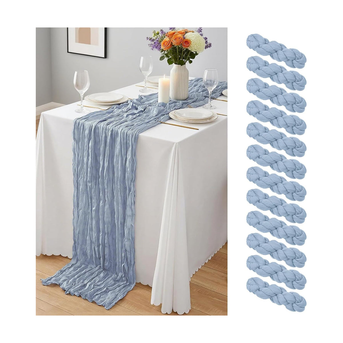 12 Pack Dusty Blue Cheesecloth Table Runner 10Ft, Gauze Table Runners 21.5 x 120 inch,Semi Sheer Cheese Cloth Fabric Runner Bulk for Wedding,Party,Baby Shower,Bridal Shower