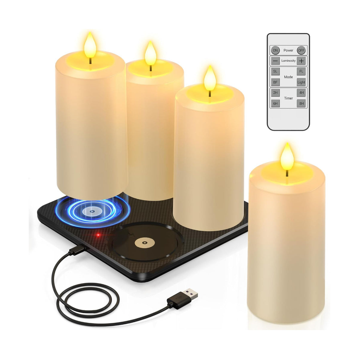 PChero Rechargeable Flameless Candles with Remote & Magnetic Charging Base | Outdoor Waterproof Battery Operated Pillar