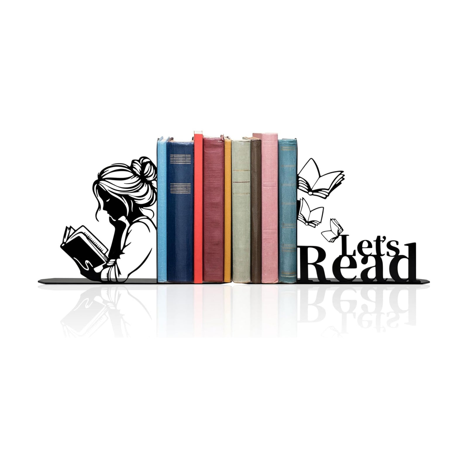 Metal Girl Reading Book Bookends / Black