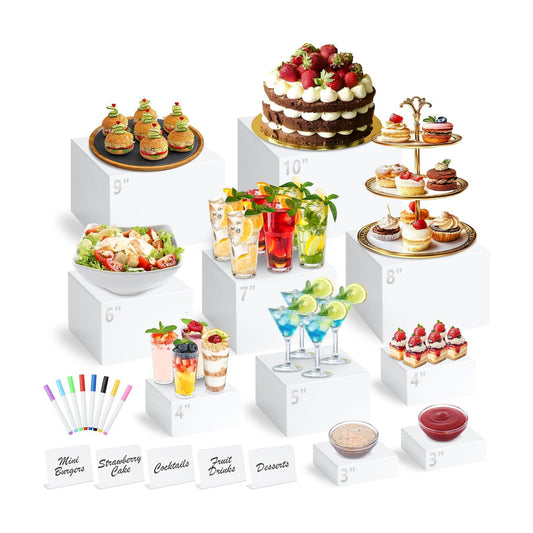 10 Pcs White Acrylic Buffet Risers with Mini Sign and Marker, Food Display Stands for Buffet Table Party Catering