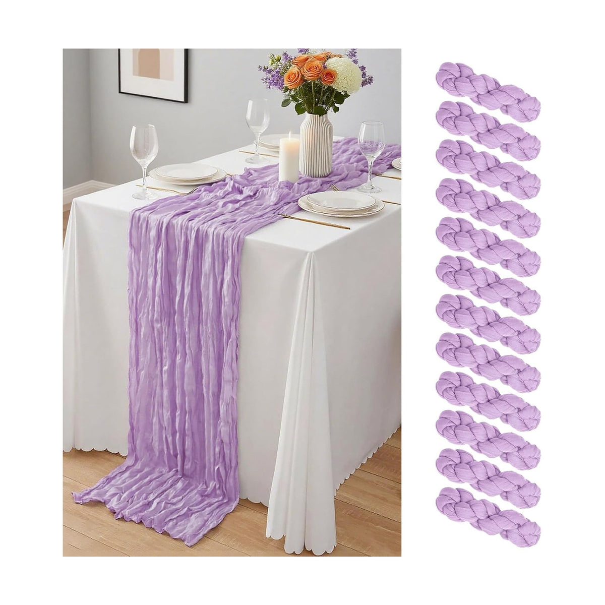 12 Pack Lavender Cheesecloth Table Runner 10Ft, Lilac Purple Table Runners 21.5 x 120 inch,Semi Sheer Cheese Cloth Fabric Runner Bulk for Wedding,Party,Baby Shower,Bridal Shower