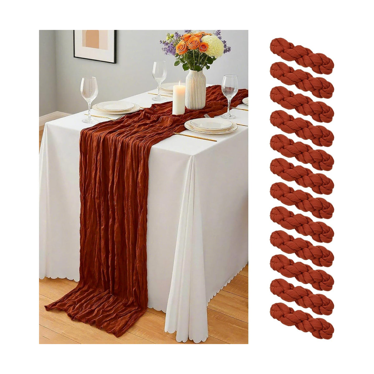 12 Pack Terracotta Cheesecloth Table Runner 10Ft, Christmas Table Runner 21.5 x 120 inch, Burnt Orange Semi Sheer Cheese Cloth Fabric Thanksgiving Runner Bulk for Wedding,Party,Bridal Shower