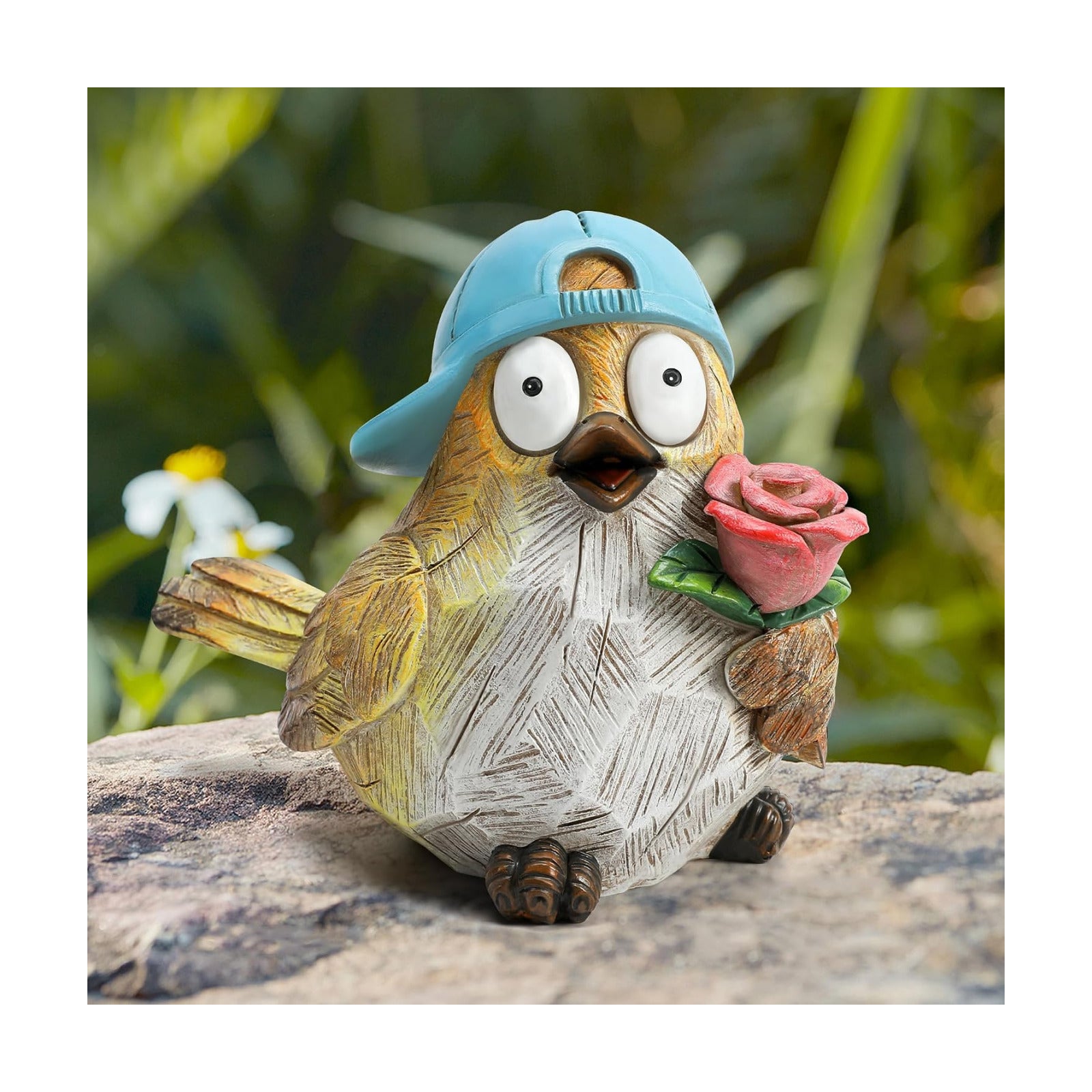 Garden Bird Statue for Decorations Outdoor Animal Figurines Little Bird Holding Flowers Sculpture