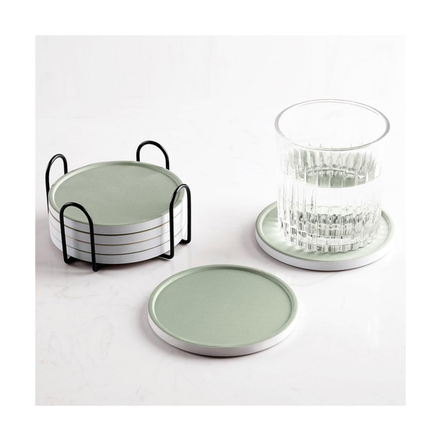 Holder / Absorbent Ceramic Drink Coasters / Sage Green / Set of 6
