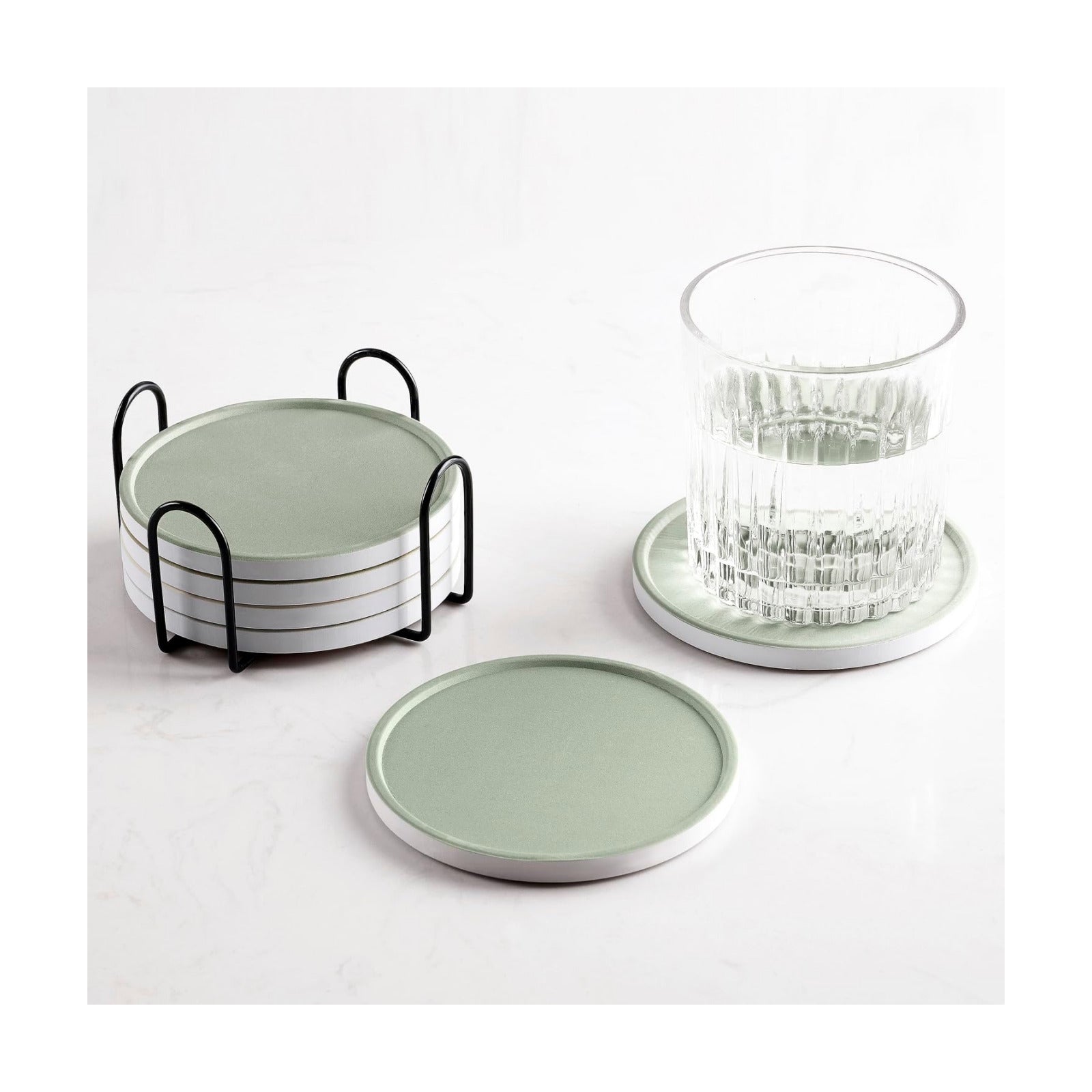 Holder / Absorbent Ceramic Drink Coasters / Sage Green / Set of 6