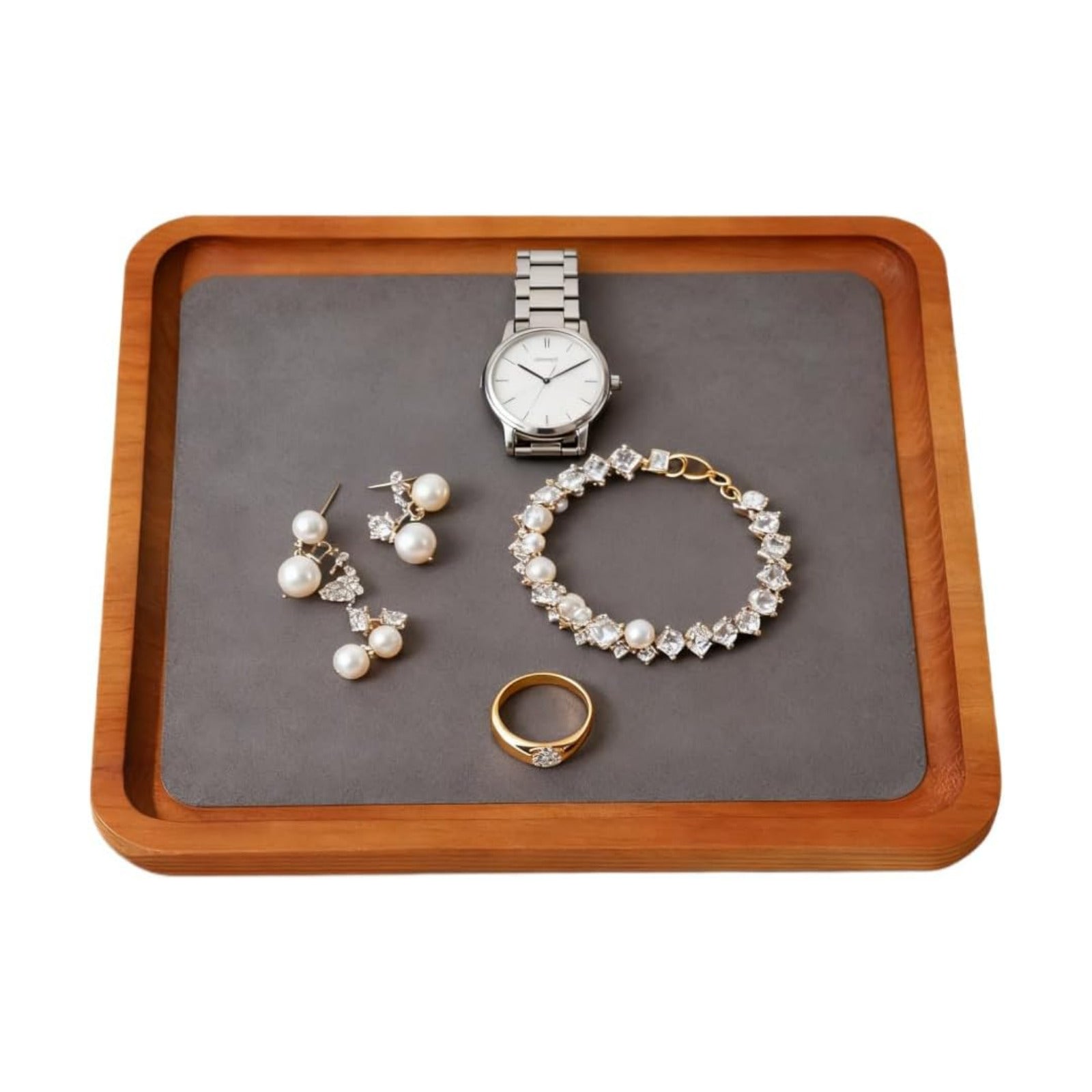 Wooden Jewelry Display Tray Rounded Rectangle Ring Showcase / Gray / Large-w 7'' x H 0.6'' x L 7.9