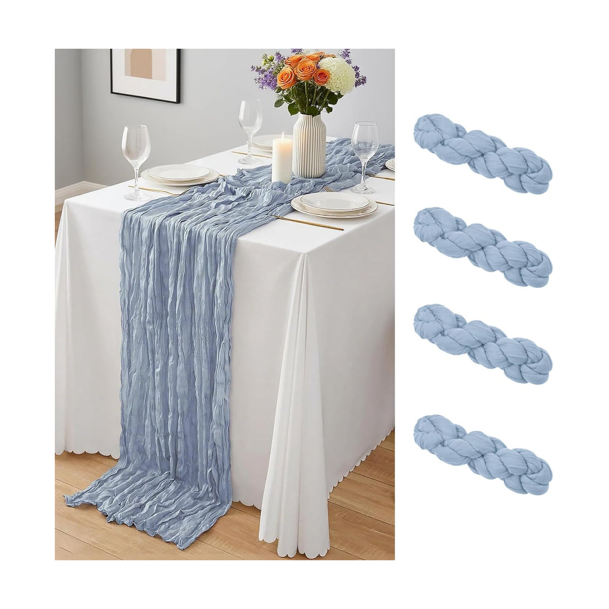 4 Pack Dusty Blue Cheesecloth Table Runner 10Ft, Gauze Table Runners 21.5 x 120 inch,Semi Sheer Cheese Cloth Fabric Runner Bulk for Wedding,Party,Baby Shower,Bridal Shower
