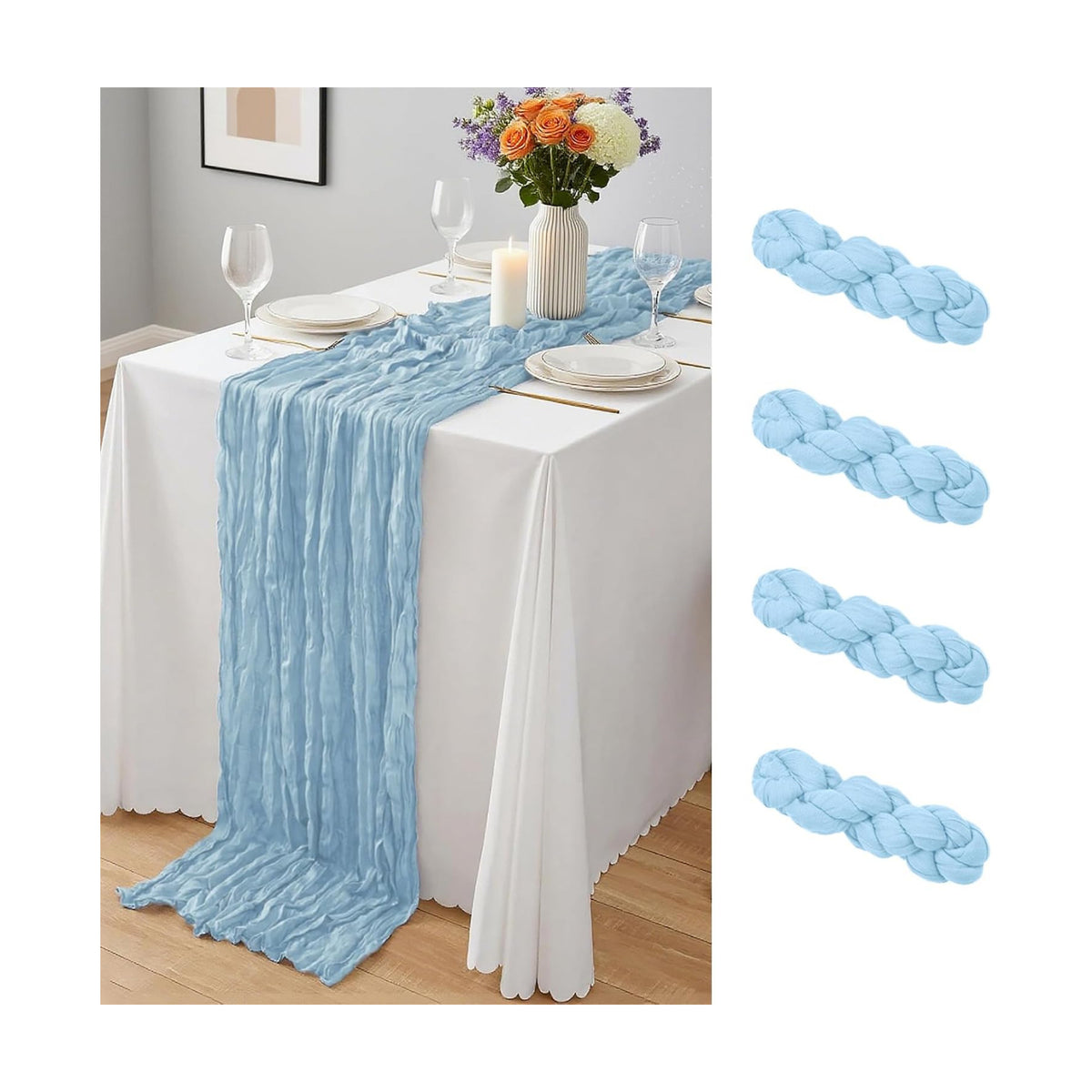 4 Pack Baby Blue Cheesecloth Table Runner 10Ft, Gauze Table Runners 21.5 x 120 inch,Semi Sheer Cheese Cloth Fabric Runner Bulk for Wedding,Party,Baby Shower,Bridal Shower
