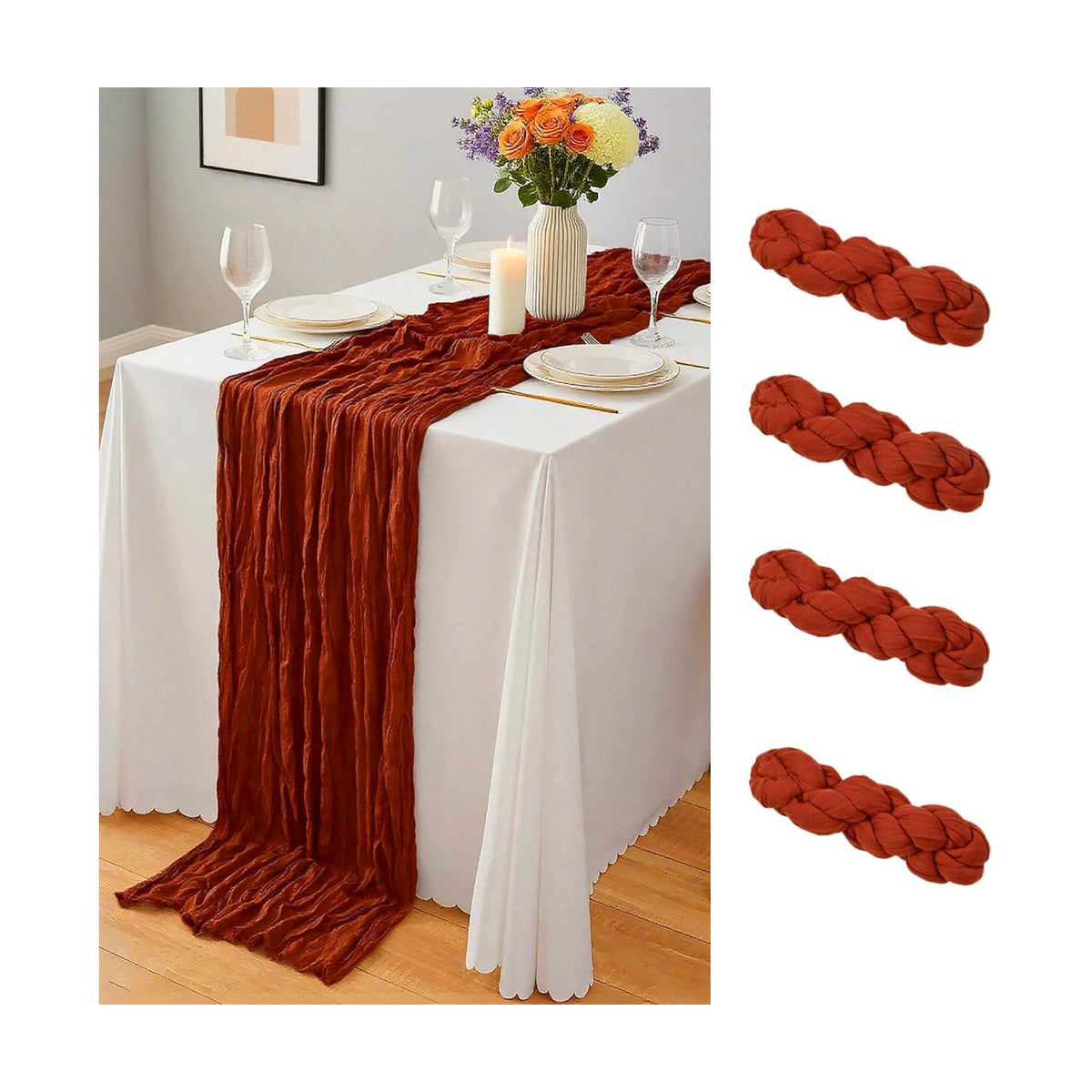 4 Pack Terracotta Cheesecloth Table Runner 10Ft, Fall Table Runner 21.5 x 120 inch, Burnt Orange Semi Sheer Cheese Cloth Fabric Thanksgiving Runner Bulk for Wedding,Party,Bridal Shower