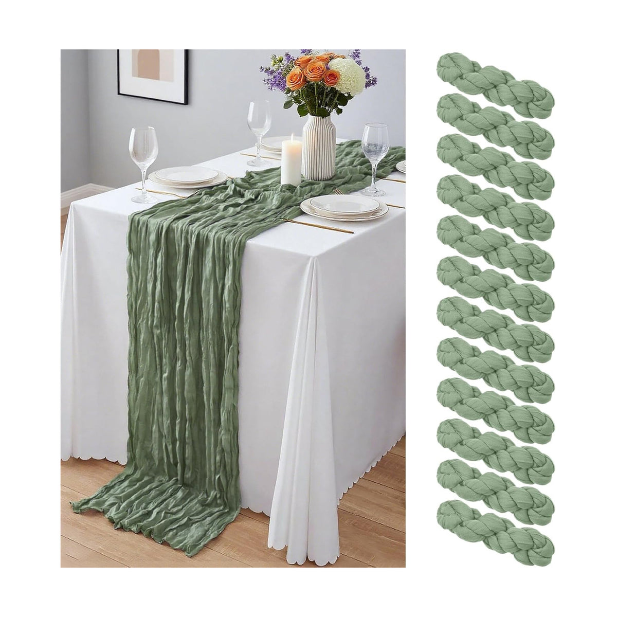 12 Pack Sage Green Cheesecloth Table Runner 10Ft, Gauze Table Runners 21.5 x 120 inch,Semi Sheer Cheese Cloth Fabric Runner Bulk for Wedding,Party,Baby Shower,Bridal Shower