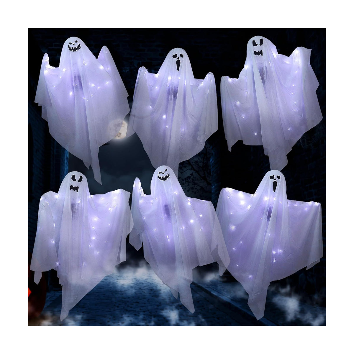 6 Pack Halloween Hanging Ghost Decorations with Lights, Remote Control