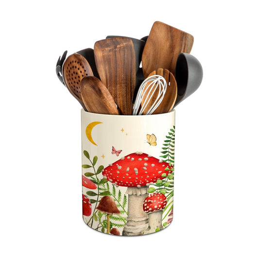 Kitchen Decor Ceramic Utensil Holder for Farmhouse Indoor Kitchen / Mushroom