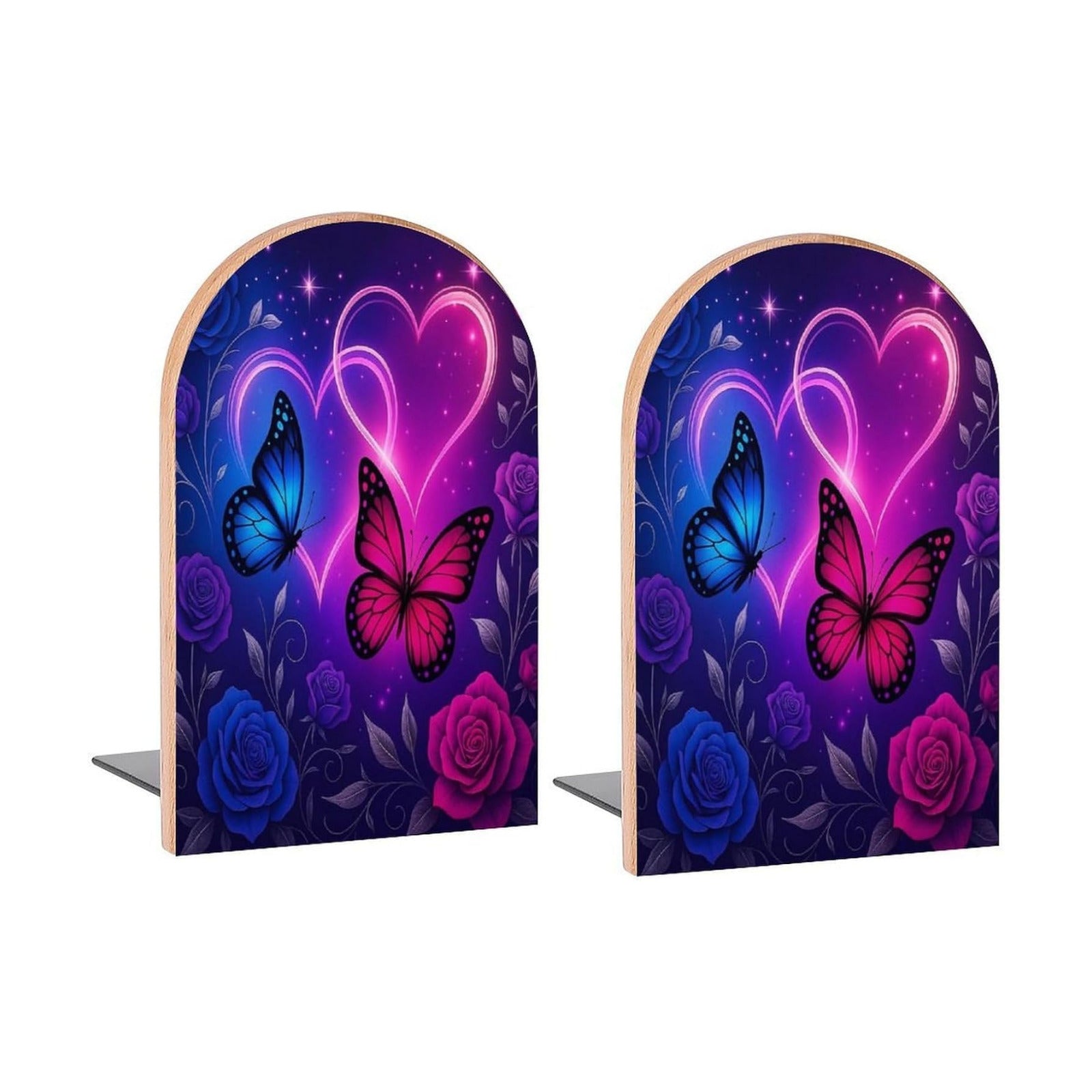 Fantasy Book Ends Decorative Wood Bookends / Butterflies Rose Hearts / 5 x 3.1