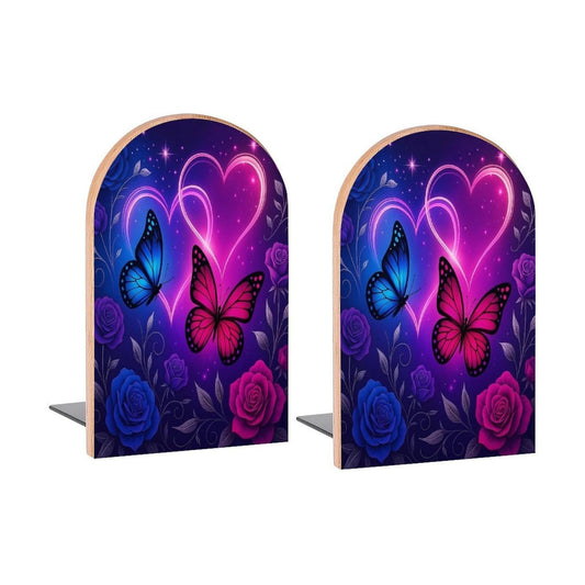 Fantasy Book Ends Decorative Wood Bookends / Butterflies Rose Hearts / 5 x 3.1