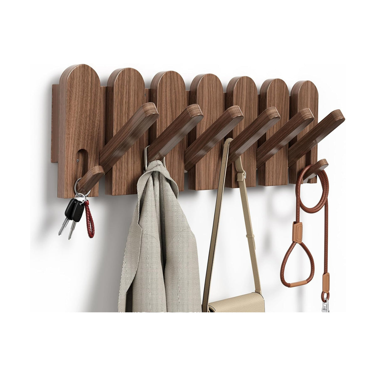 Walnut Wood Coat Rack Wall Mount,16.5" Wall Mounted Coat Rack with 8 Retractable Hangers,Heavy Duty Coat Hooks for