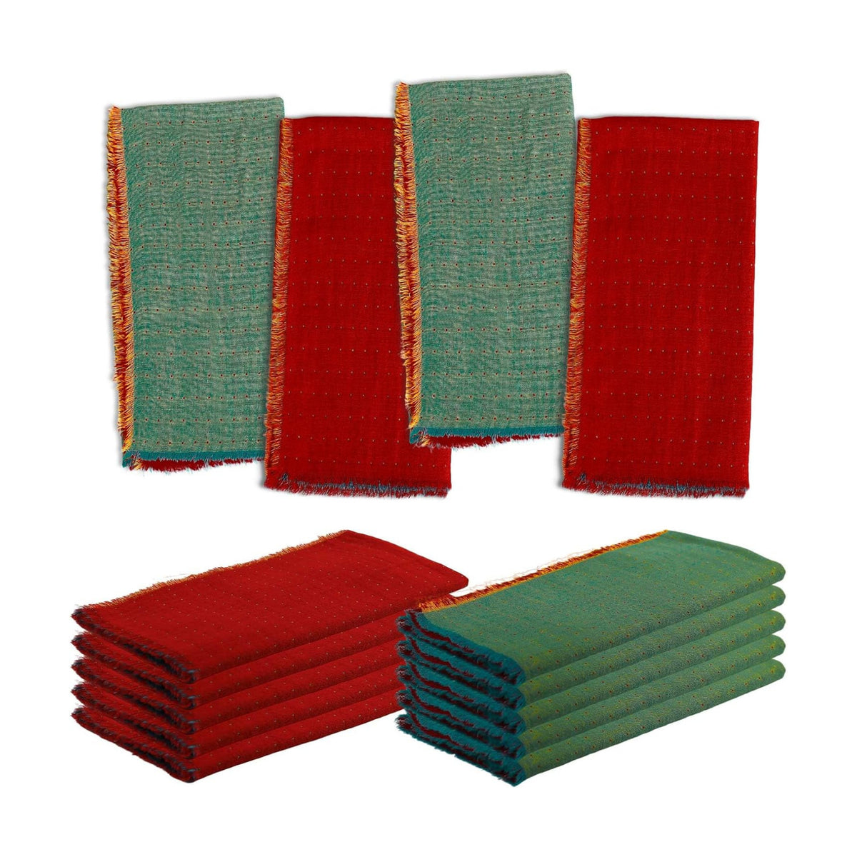 Christmas Cloth Napkin Double-Layer Set of 10, 100% Cotton Red & Green AB Surface Reusable Napkins for Christmas, Weddings, Banquet, Festival Event, Home Decor(Red-Green)