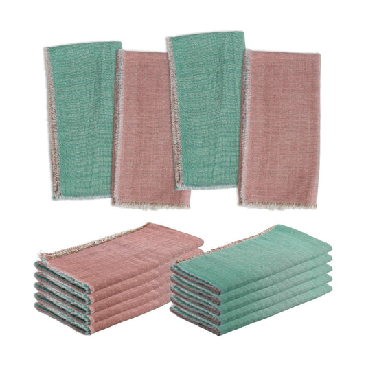 10 Pack Cloth Napkin Double-Layer 100% Cotton Table Dinner Napkins AB Surface Washable & Reusable Cloth with Elegant Fringe for Everyday Use, Home Decor, Family Event Parties(Pink-Blue)